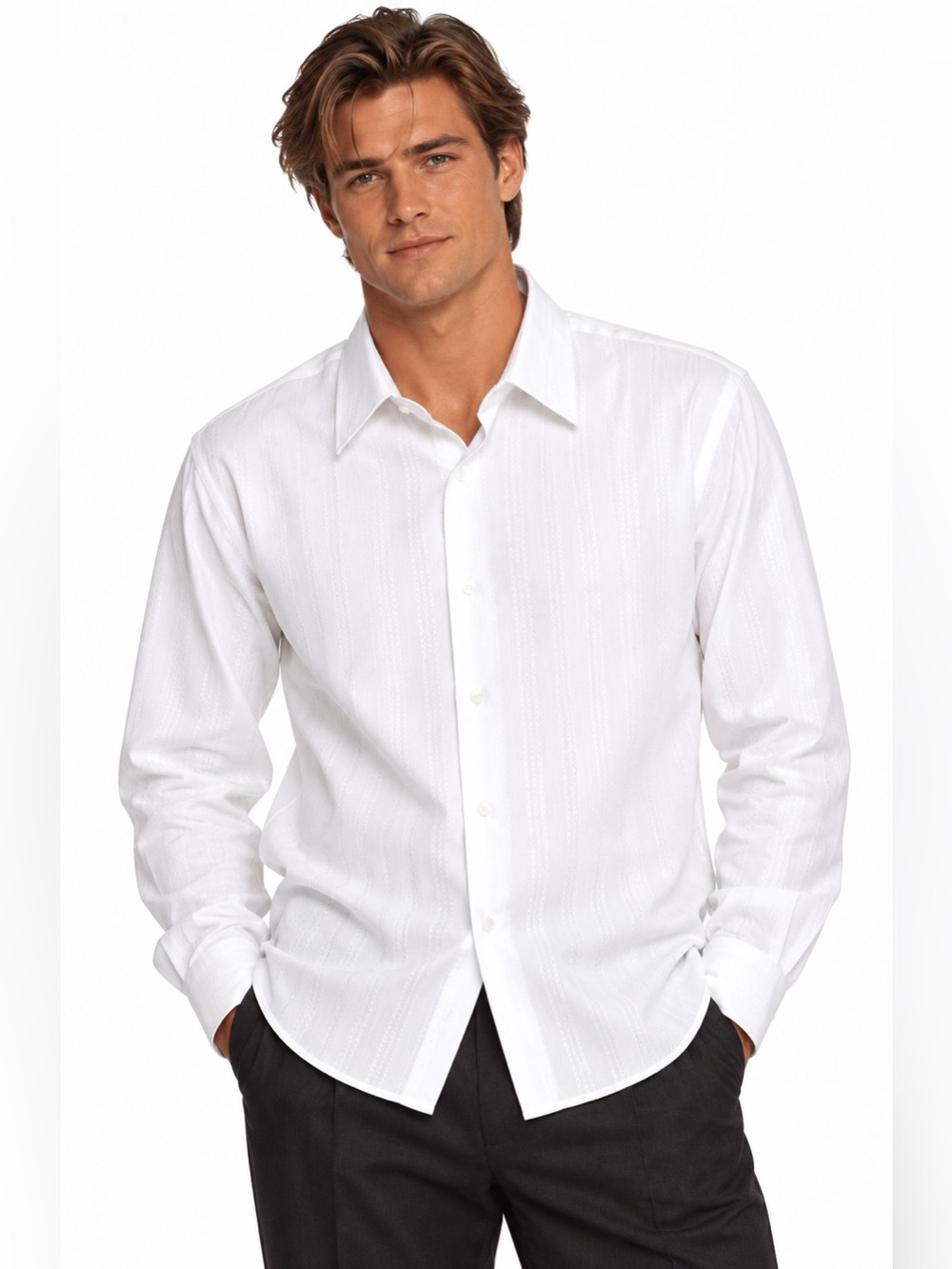 Vintage Calvin Klein Men's White Textured Dress Shirt Modern Fit Hong Kong NEW
